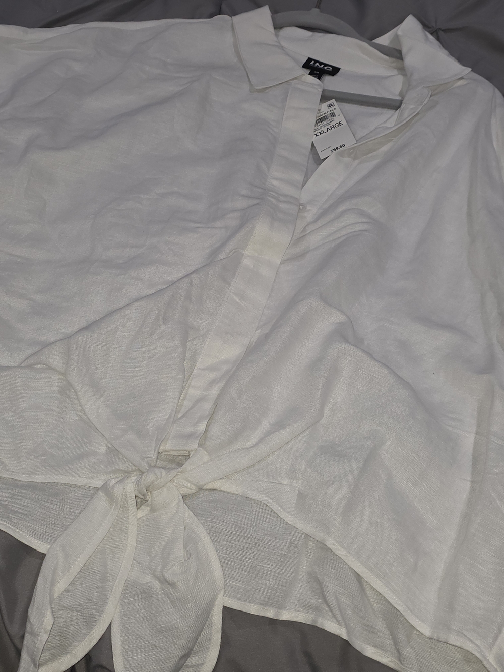INC INTERNATIONAL LINEN White Tie-Front Button Shirt